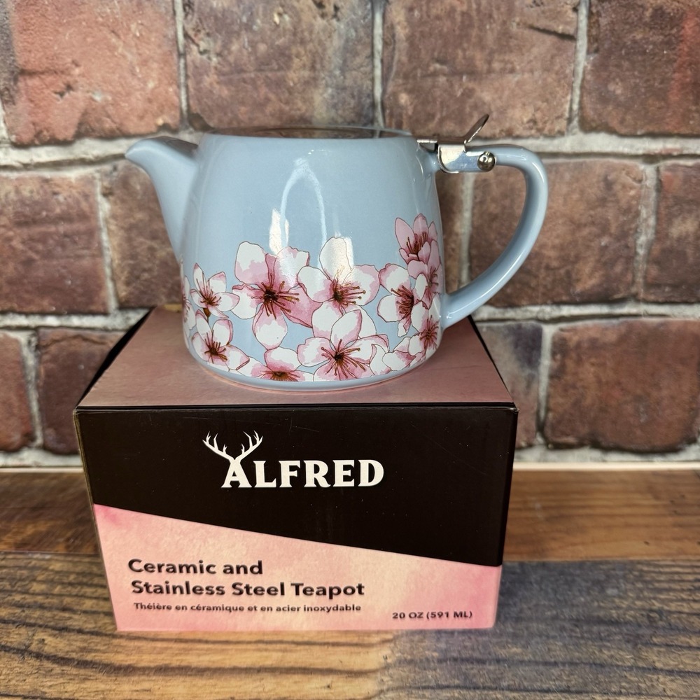 Alfred Ceramic & Stainless Steel Teapot Blue Cherry Blossoms Infuser Tea for One